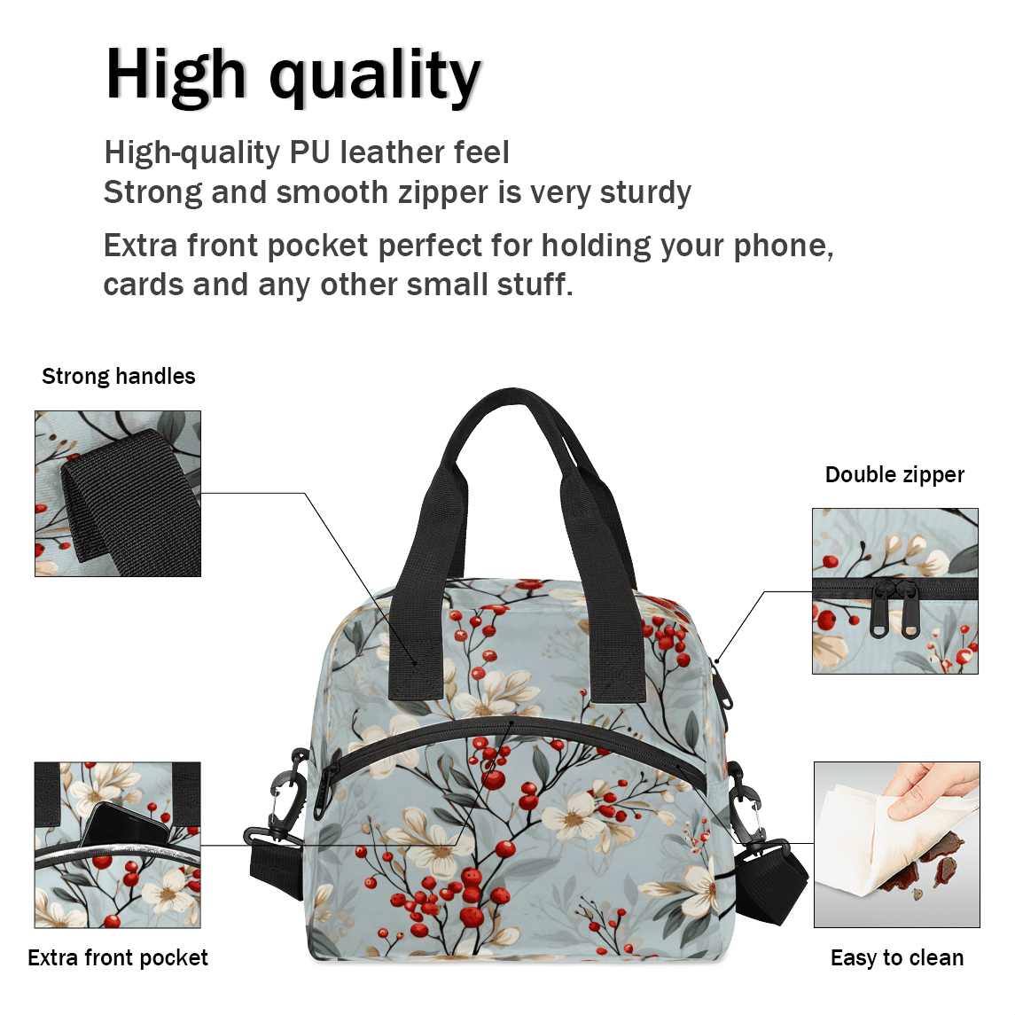 Herdesigns Vintage Flower Insulated Lunch Bag for Women Men Adults Large Reusable Lunch Box Fruit Floral Leakproof Cooler Tote Bags with Adjustable Shoulder Strap
