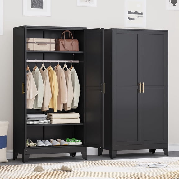 71" H Metal Armoire Wardrobe Closet, Adjustable Shelve, Clothes Drying Pole, Steel Wardrobe Cabinet for Bedroom (Black)