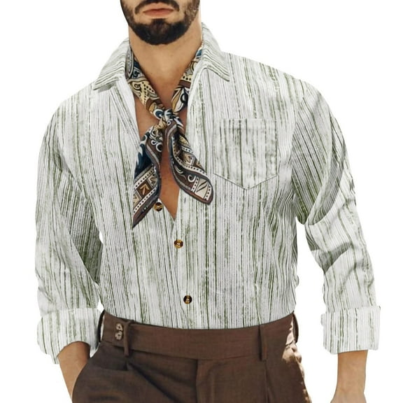 Mens Corduroy-Shirts with Pocket Long Sleeve Button-Down Collar Tshirts Shirt Trendy Stripe Printed Slim Vintage Cowboys Going-Out Tops