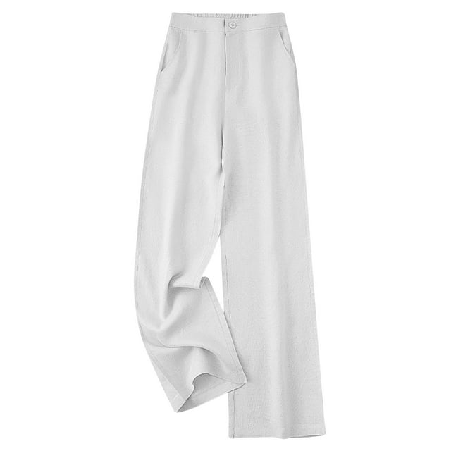 Womens Solid Color Linen Loose Thin And Linen Drape High Waist Nine-Point Slim Casual Straight Trousers