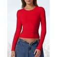 thumbnail image 5 of Women'S Crewneck Long Sleeve Shirt Double Lined Basic Tees Side Ruched Going Out Crop Tops Red XS, 5 of 10