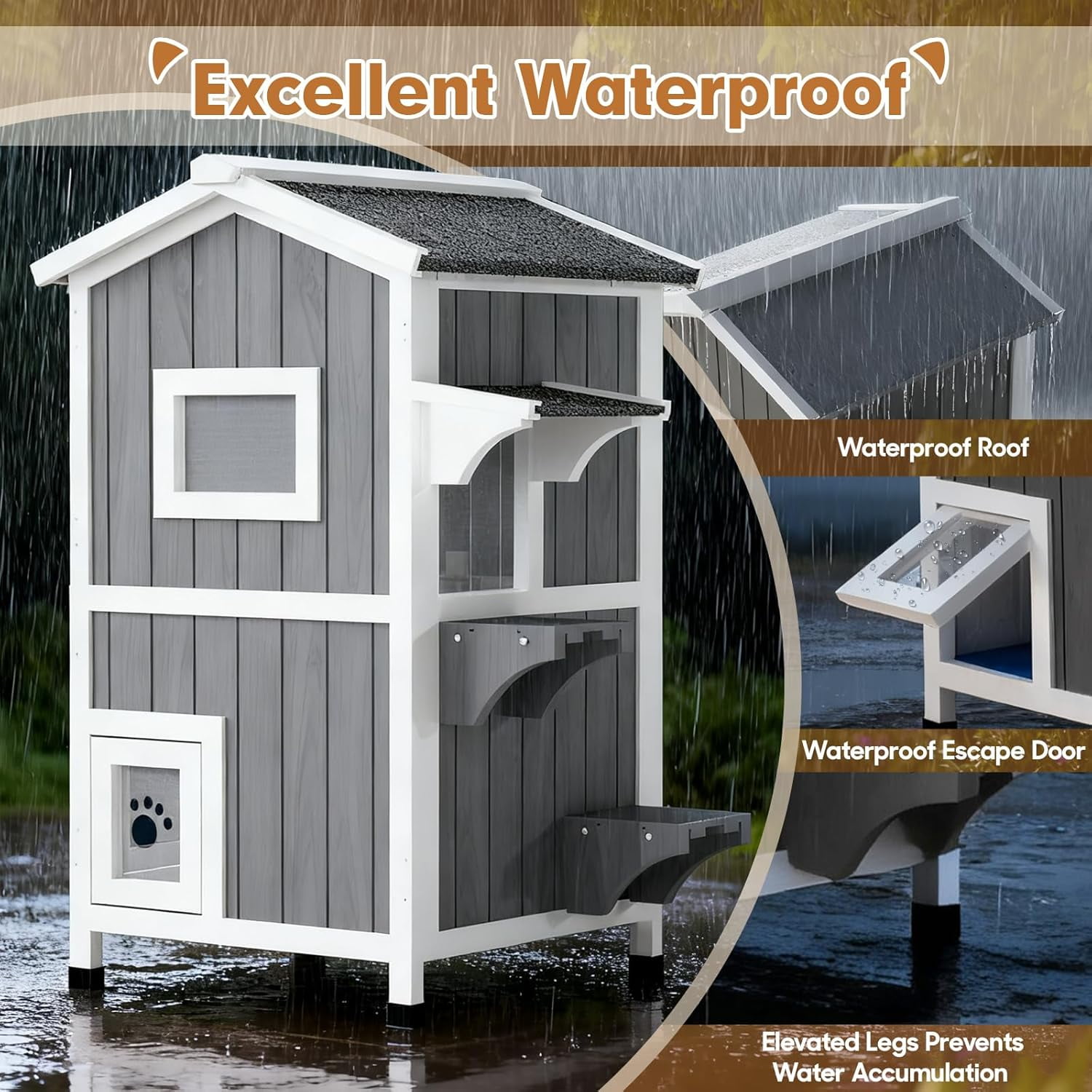 Gowoodhut Insulated Outdoor Cat House with  2 Story Weatherproof Elevated Outside Cat Shelter