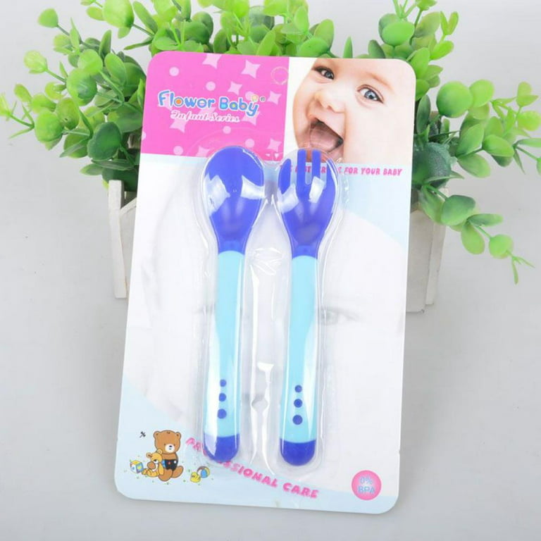 Baby Spoons And Forks Feeding Set, Soft Silicone Tip Heat