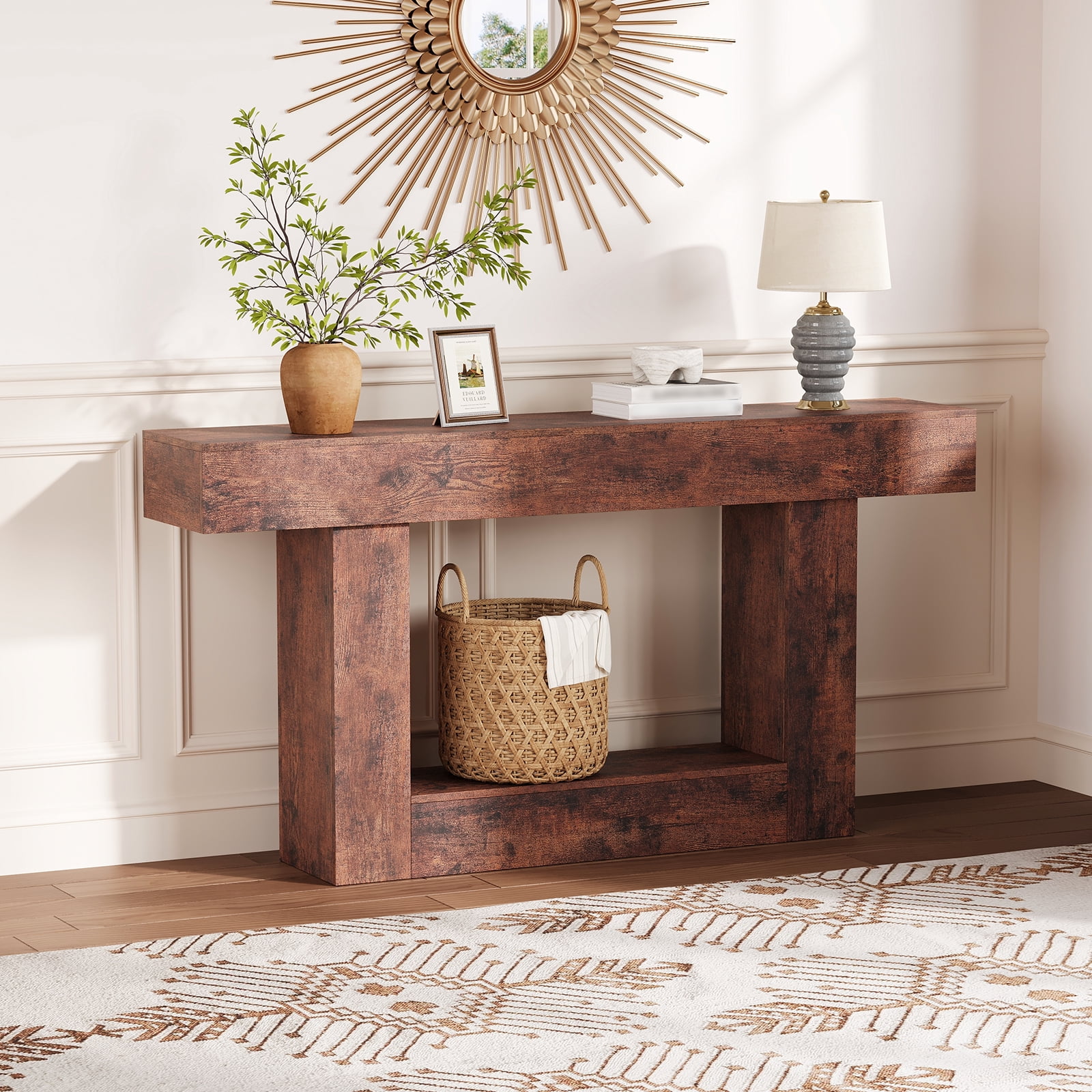 63" Farmhouse Entryway Table with Charging Station, Narrow Console Table with Storage Shelf Slim Sofa Table for Living Room, Brown