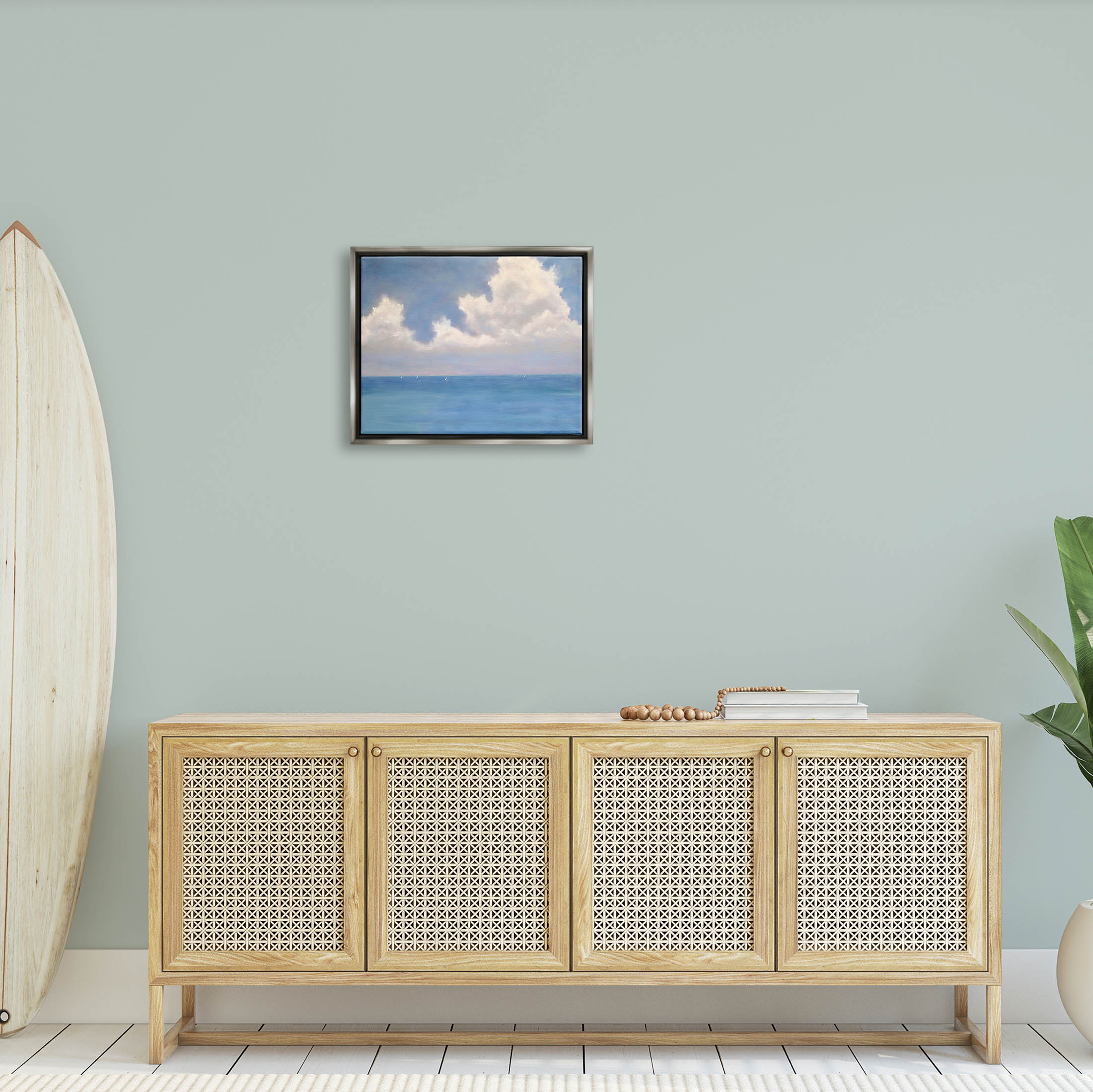 Stupell Industries Fluffy Clouds Deep Blue Ocean Waves Painting Luster Gray Floating Framed Canvas Print Wall Art, Design by Catherine Andersen