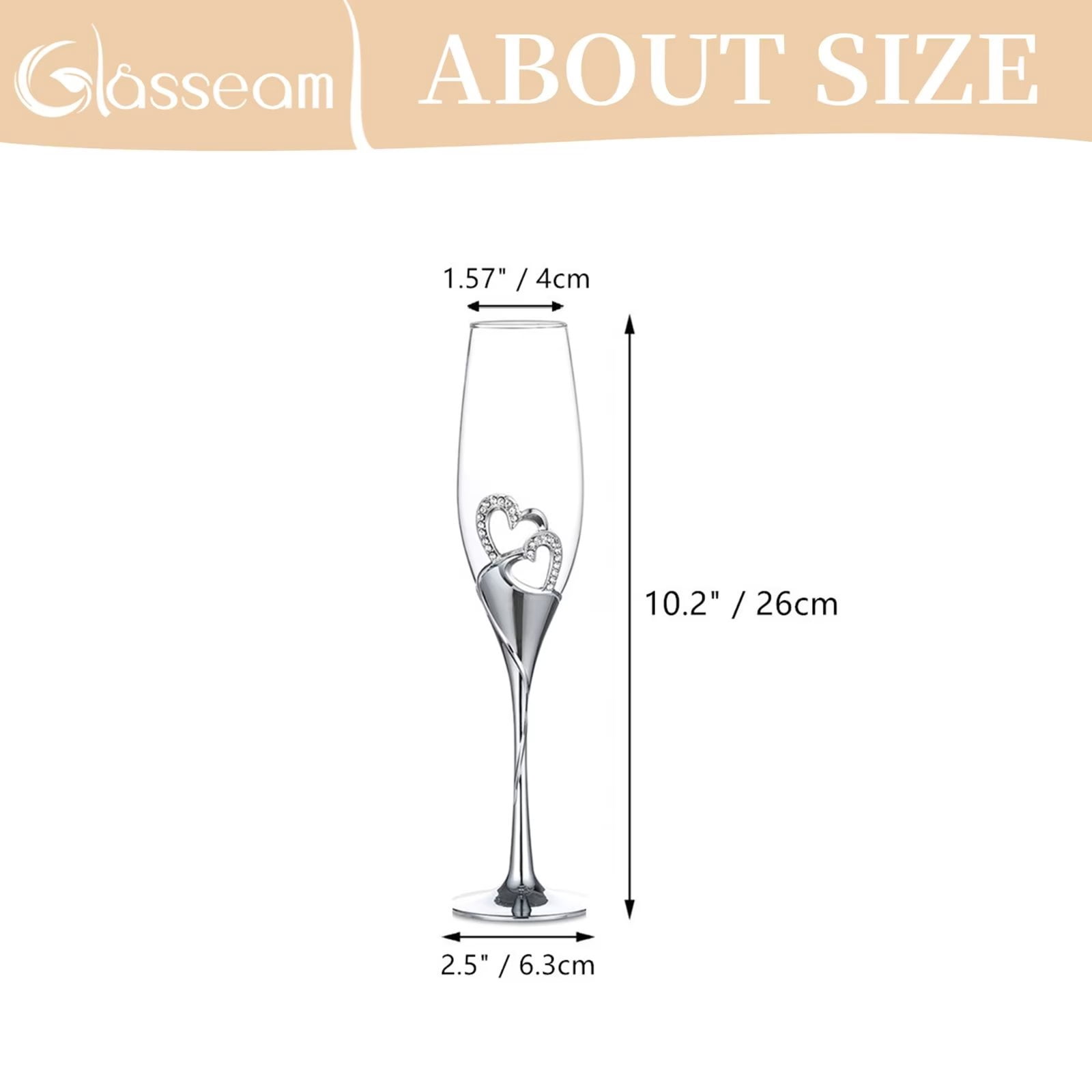 Glasseam Wedding Champagne Flutes Set of 2 Silver Toasting Glasses for Bride and Groom