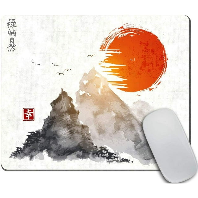 HandDrawn Japanese Mountains and Red Sun Mouse Pad Ink Art on Traditional Design, NonSlip Rubber Base, Rectangle Gaming Mouse Pad for Computers and Laptops, 9.5 X 7.9 Inch (240mmX200mmX3mm)
