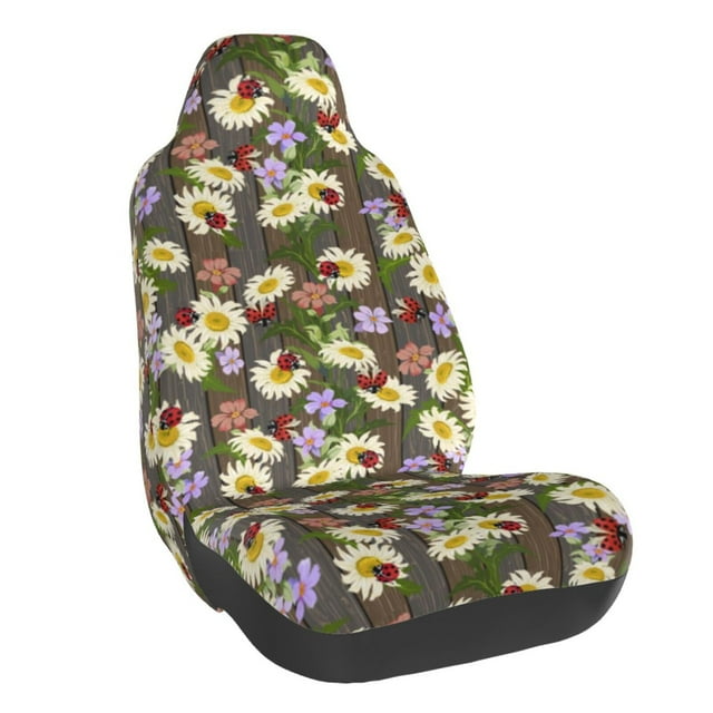 Wukai Ladybugs And Flowers On A Wooden Full Set Car Seat Covers with Soft Padding Universal Auto Front Seats Protector and Cushion Mat