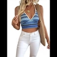 thumbnail image 3 of Camisolas de Punto para Mujer, de Verano, con Cuello Halter en V, A Rayas, Informales, Sin Mangas, para Playa, Vacaciones, Top Corto. Azul M, 3 of 7