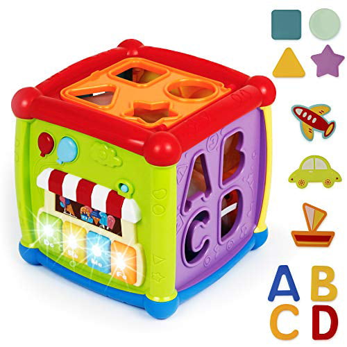 Infant Toy for Toddlers 18+ Months 4 Piano Keys and More 6-in-1 Baby Learning Toys Play Set Includes A-B-C-D Letters Vehicles Puzzle Bambiya Baby Activity Cube Colorful Shapes Puzzle 