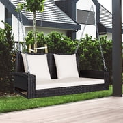Topbuy Outdoor Wicker Porch Swing Bench 2-Person Patio Rattan Swing Chair W/ Soft Cushions White