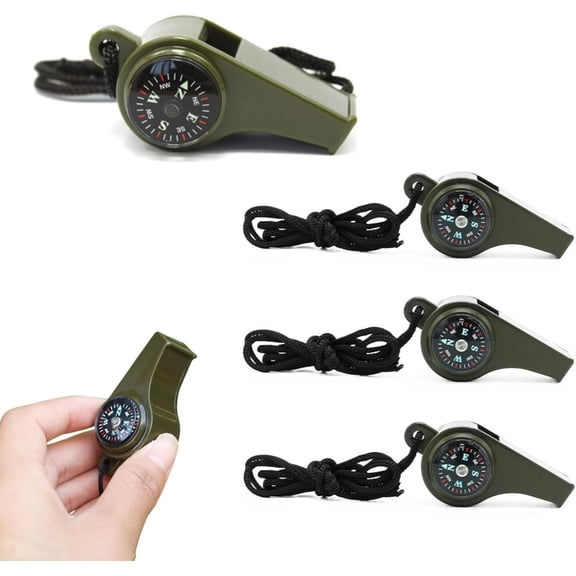 4 Pcs Compass Whistle Multifunctional 3-in-1 Emergency Survival Whistle with Compass, Thermometer and Lanyard for Outdoor Camping Hiking