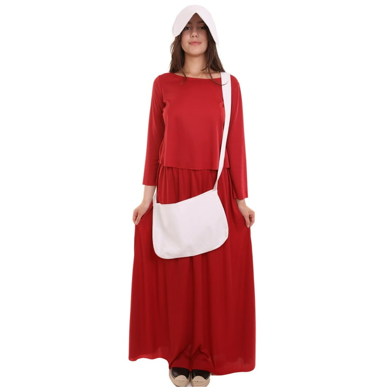 red dress and white bonnet Adult Women's Red Dress Handmaid Costume with Bag and Bonnet HC-227
