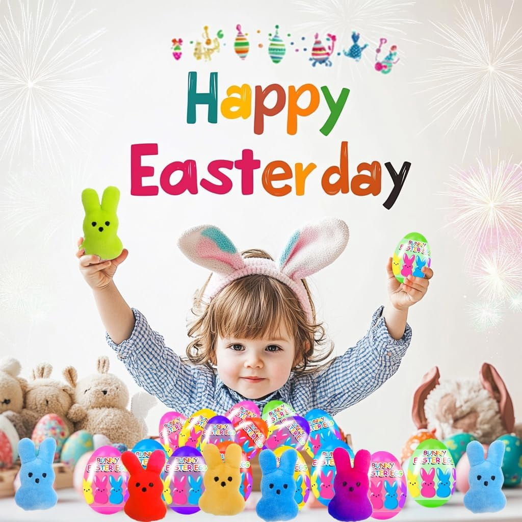 Prefilled Easter Eggs Set, 18 Count Plastic Eggs With Plush Bunny Toys Inside, Assorted Colors, For Kids Egg Hunt, Easter Basket Stuffers, Party Favors