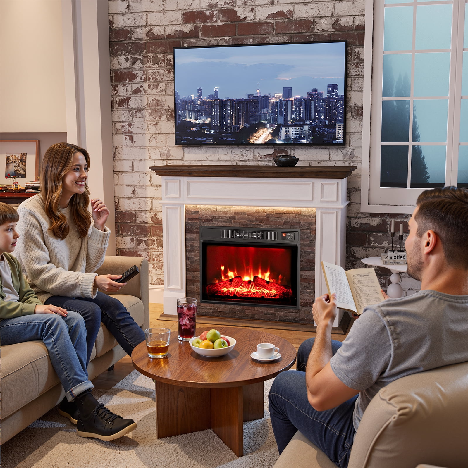 Holliwill Electric Fireplace Mantel, 44" Freestanding Fireplace Heater with LED Lights, Infrared Quartz Heater, 1400W, White & Brown