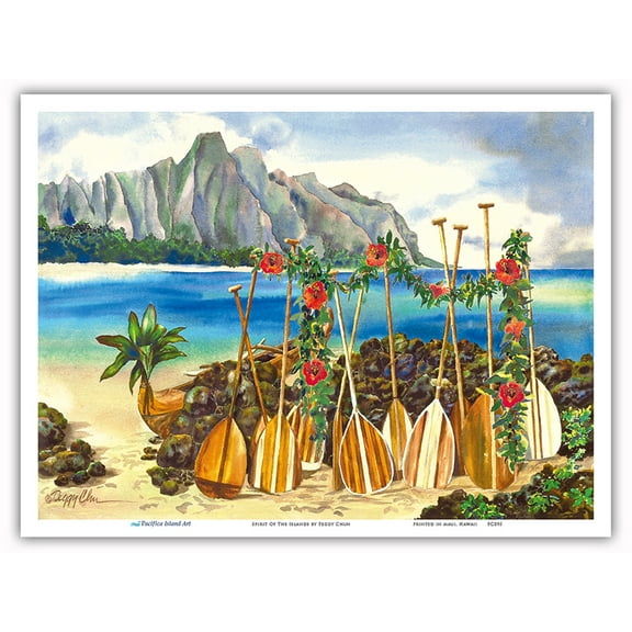 Spirit of the Islands - Hawaiian Canoe (Wa’a) and Paddles (Hoe) - From an Original Hawaii Watercolor Painting by Peggy Chun - Master Art Print (Unframed) 9in x 12in