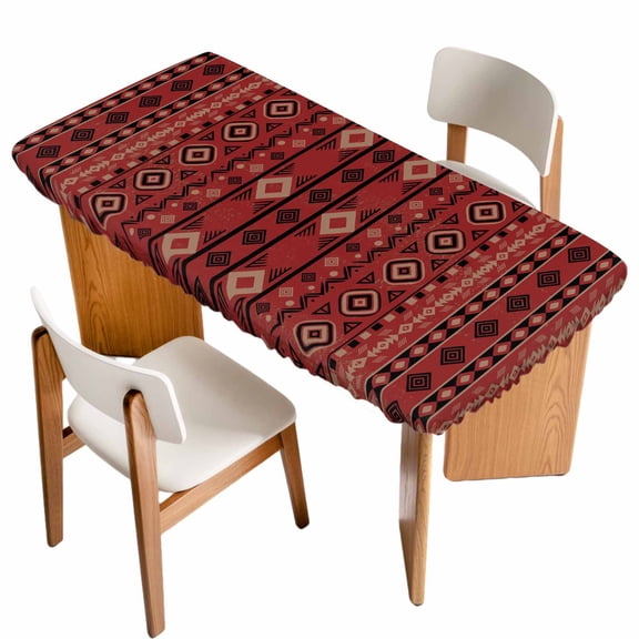 Red Boho Southwestern Table Cloths for 6 Foot Rectangle Tables, Farmhouse Aztec Tribe Ethnic Motifs Patio Waterproof Elastic Fitted Tablecloths, Washable Rectangular Table Cover for Camping