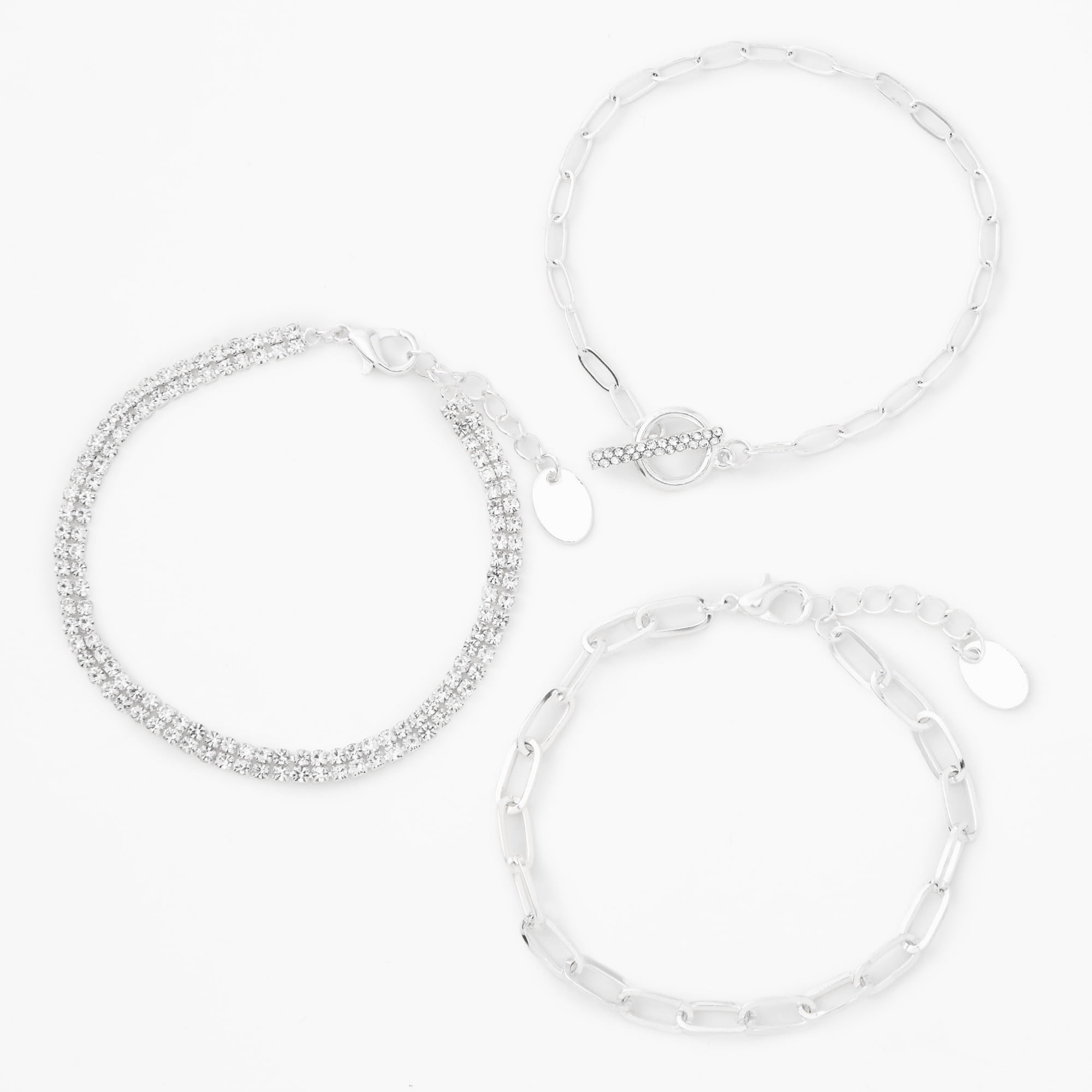 Claire's Tween Accessories Silver Link and Gemstone Cubic Zirconia Bracelets, 3-Pack
