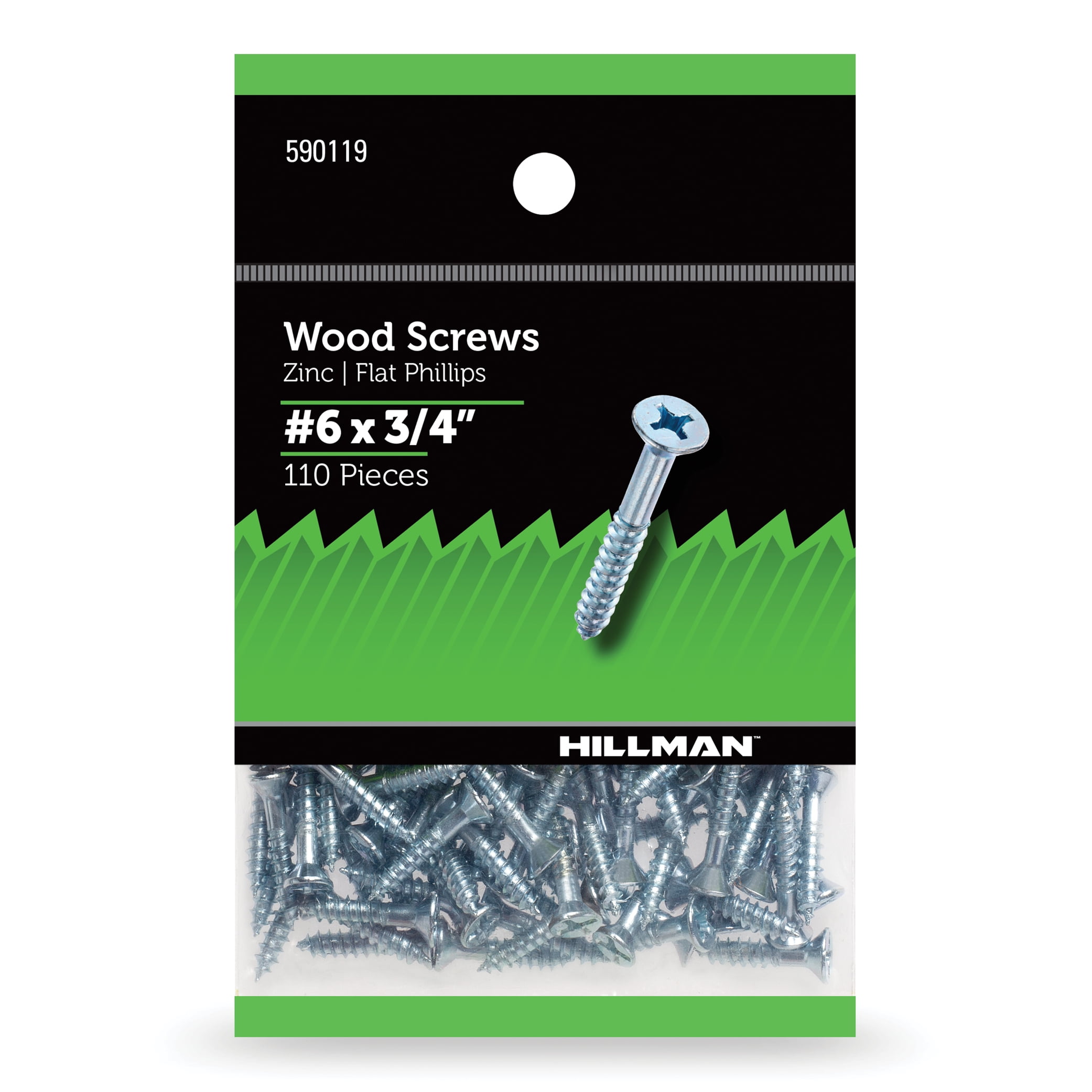 Hillman Wood Screws, #6 x 3/4", Flat Phillips, Zinc Plated, Steel, 110 Pieces