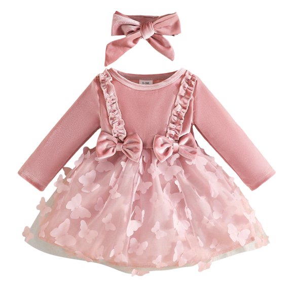 Mnyotv Toddler Girls Dress Baby Girl Outfits Fall Clothes Mesh Floral Bow Long Sleeve Dress with Headbands Size 0-3Months