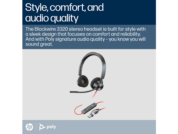 Poly Blackwire 3320 Stereo Microsoft Teams Certified USB-C Headset +USB-C/A Adapter
