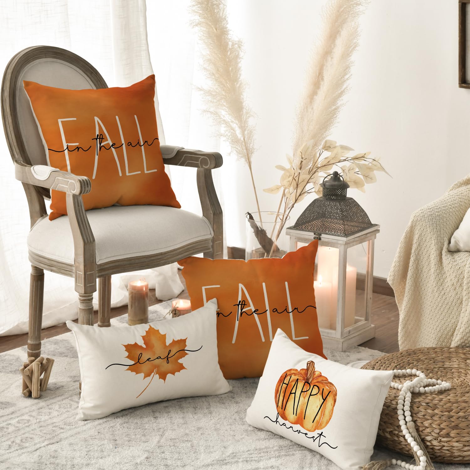 FIBEROMANCE Fall Throw Pillow Covers 18x18 Set of 4 Watercolor Pumpkin