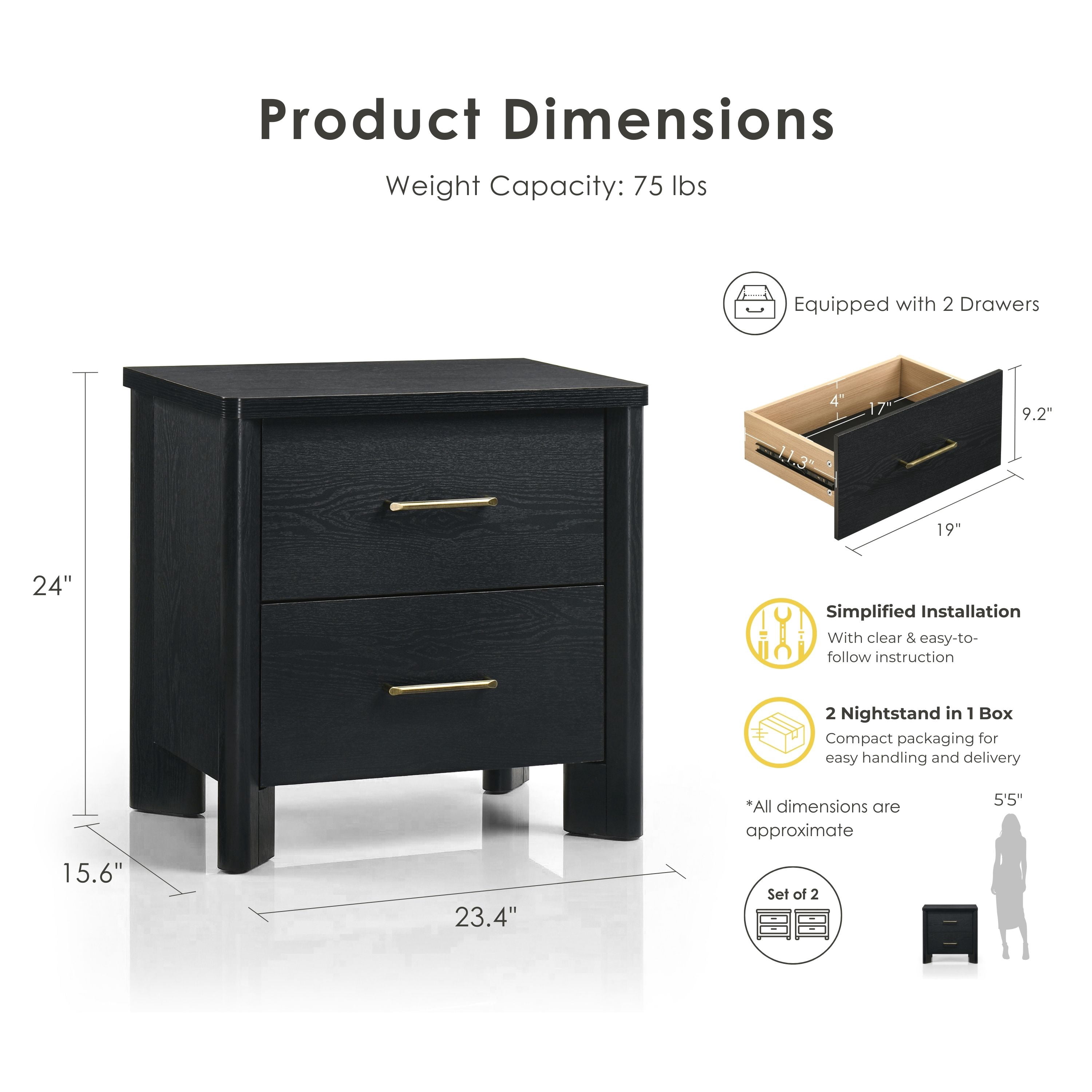 Furniture of America Gracie Modern Wood 2-Drawer Nightstands with USB Ports, Set of 2, Black