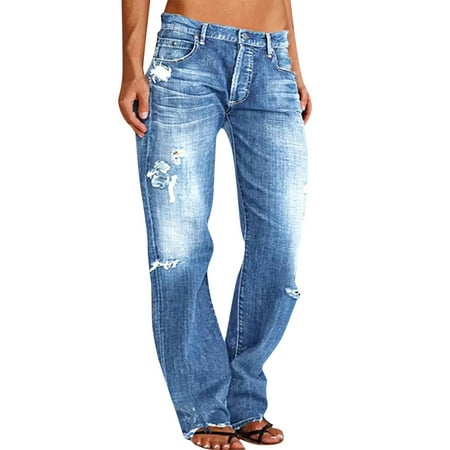 hcuribad Jeans for Women 2024 Hot Women s Fashionable Mid-Waist Distressed Casual Straight-Leg Denim Long Pants Barrel Jeans Women s Pants Tummy Control Jeans () Blue 4XL