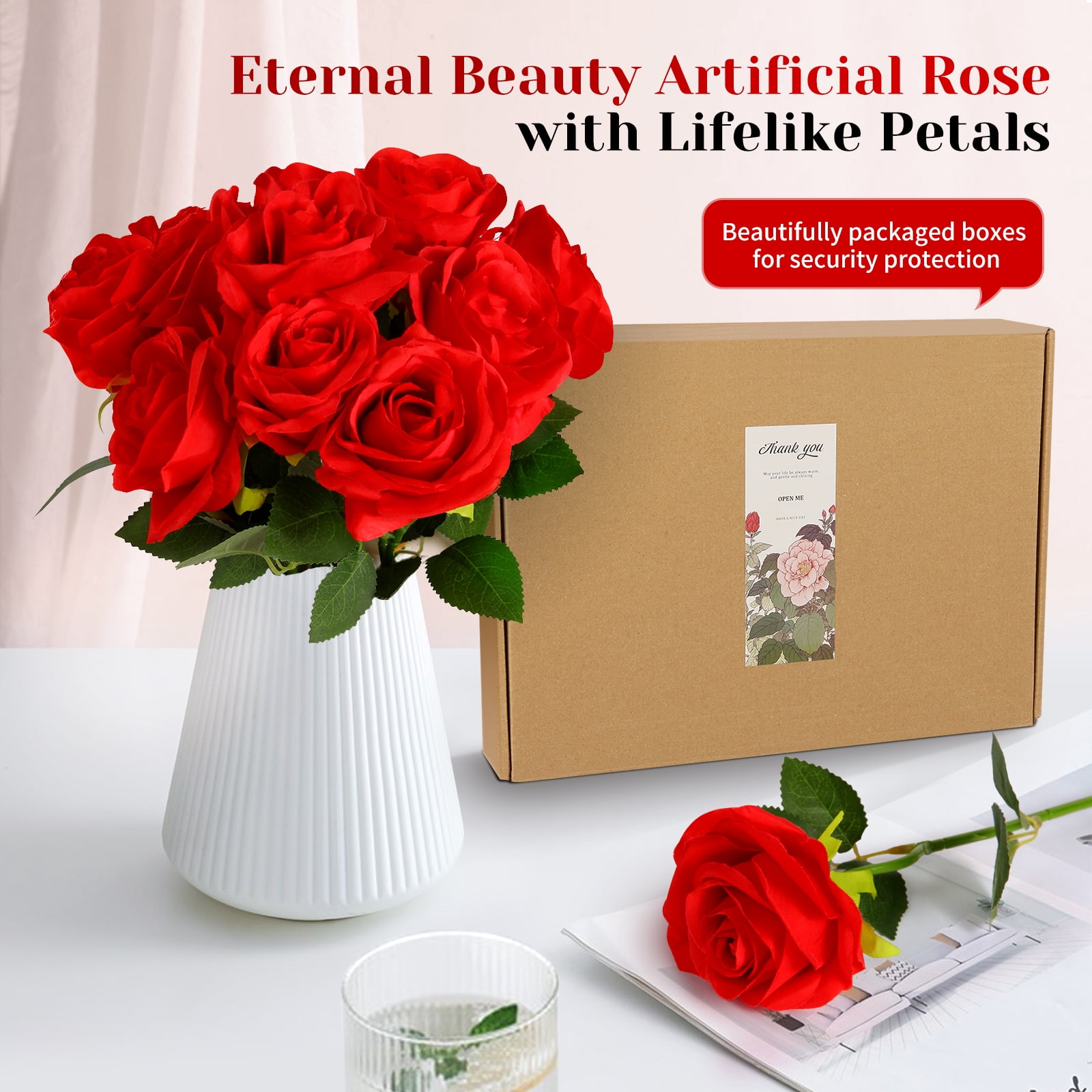 DUOTAN 20 PCs Red Roses Artificial Silk Flowers, 4’’Big Flower Head Artificial Roses with Long Stems, Realistic Fake Roses Bulk for Home Wedding Bouquet Arrangements Party Decoration