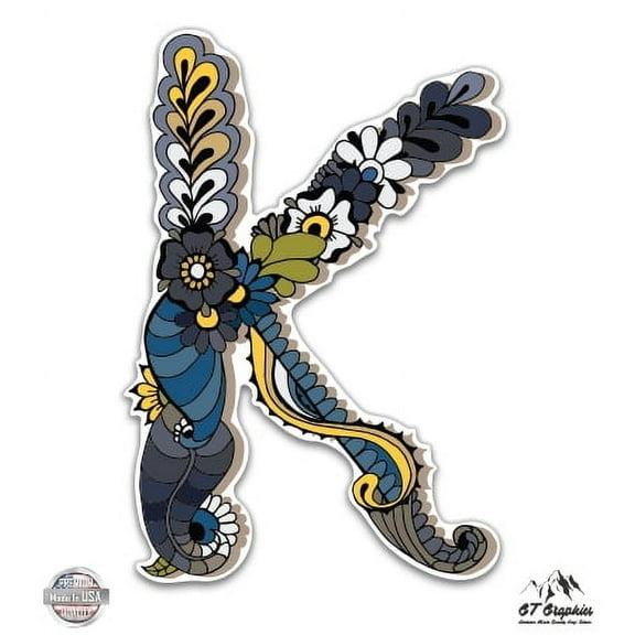 Letter K Floral Style - 3" Vinyl Sticker - For Car Laptop I-Pad Phone Helmet Hard Hat - Waterproof Decal