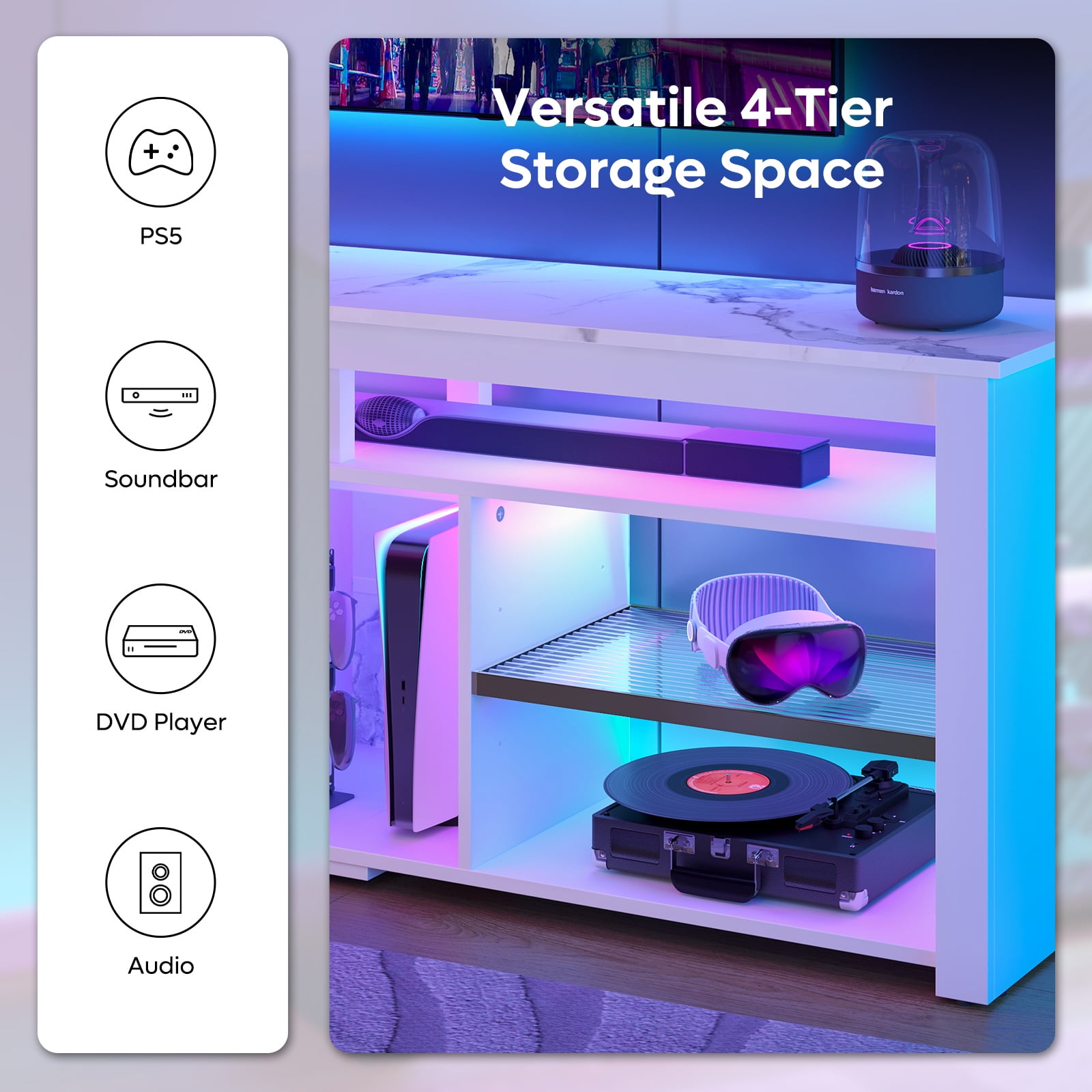 Bestier 63" Tall TV Stand with LED Lights, Entertainment Center for TVs up to 70 inch, TV Console with Storage & Adjustable Shelves in White Marble