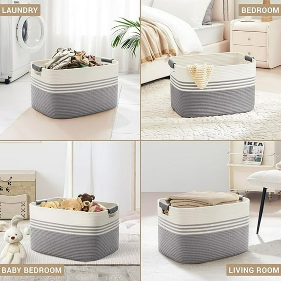 86L Extra Large Laundry Basket with Leather Handles for Living Room Storage, Woven Rope Baskets for Blanket, Kids Toy, Gifts, Wicker Hamper for Bedroom Dirty Clothes, 24"x16"x14" White Grey