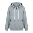 thumbnail image 4 of Qgtaibl Women's Lace Up Hoodie Criss Cross V Neck Drawstring Pullover Sweatshirt Thin Fleece Long Sleeve Fall Hooded Top with Kangaroo Pocket Gray M, 4 of 6