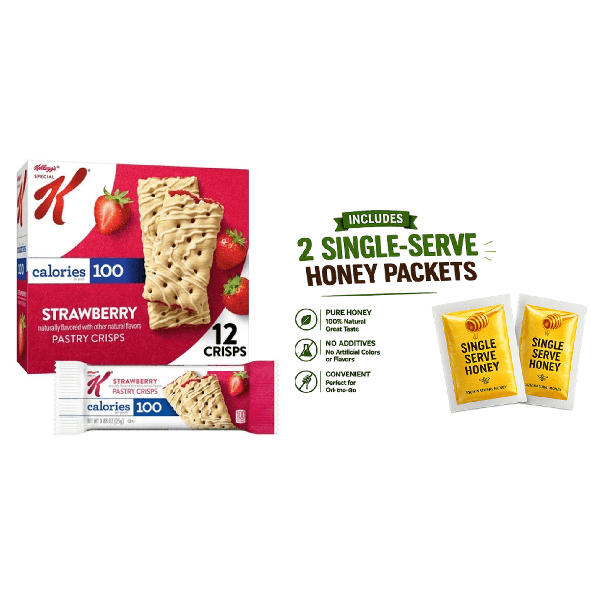 Special K Bar Strawberry Chewy Pastry Crisps 100 Calorie Snacks 5.28 oz 12 Count, With two single serving Honey