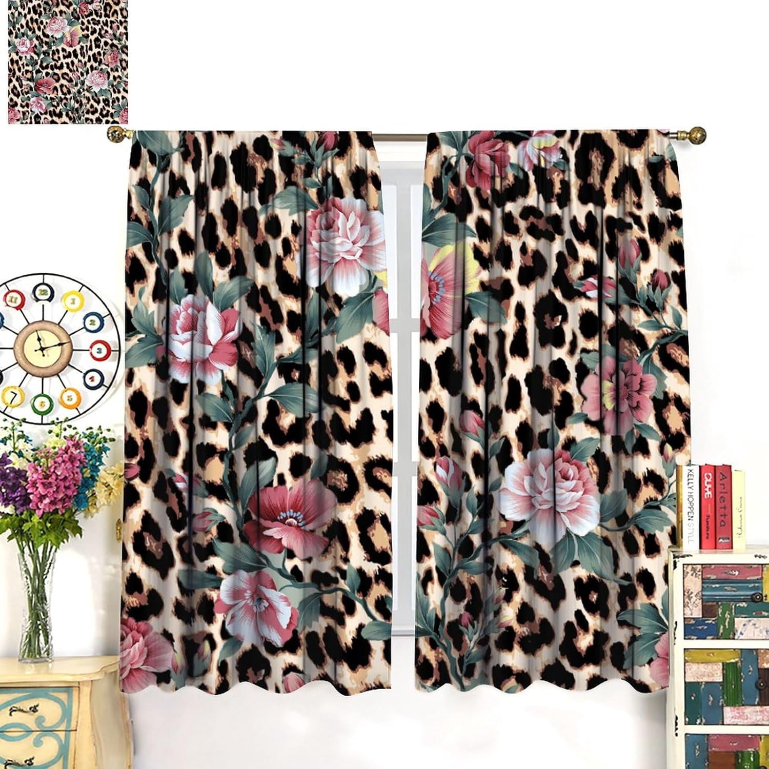 Leopard Print Curtains Pink Flowers Green Leaves Leopard Blackout Print Rod Pocket Window Drapes for Bedroom Living Room 42x54in