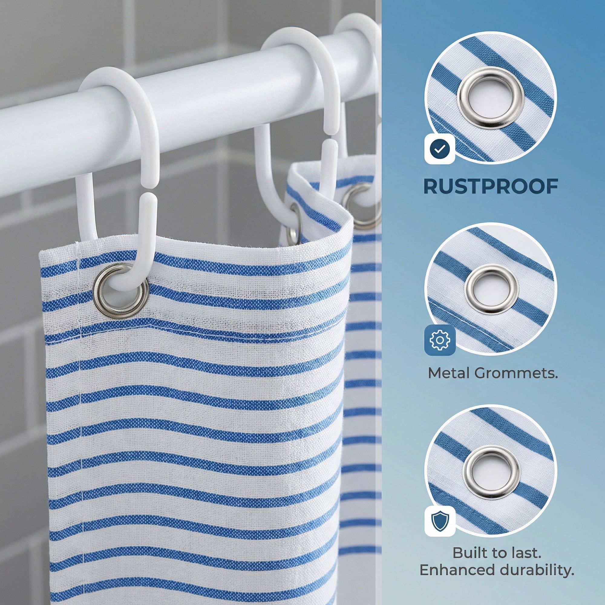 Unique Bargains Striped Waterproof Shower Curtain Sets with 12 Hooks Blue 72"W x 72"L