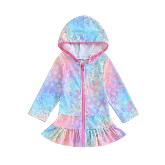 Bslissey Little Girls Swimsuit Dress Long Sleeve Hooded Cover Up Zip Up Beach Bathing Suit Toddler Ruffle Hem Print Bathrobe Kids Summer Swimwear 2T 3T 4T 5T 6T 7T 8T