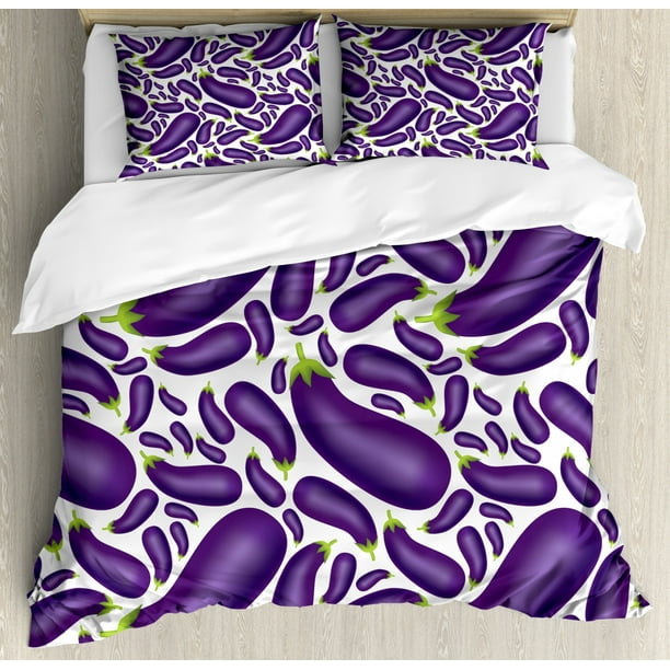Eggplant Queen Size Duvet Cover Set, Delicious Aubergines in Abstract