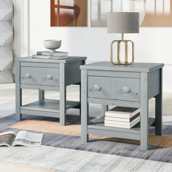 Wooden Nightstand with Drawer and Open Shelf, Set of 2 Farmhouse Nightstands Bed Side Table for Bedroom, Living Room Sofa End Side Table, Bedroom Accent Furniture, Brushed Gray