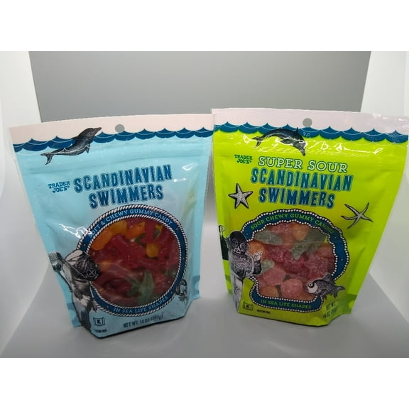 Trader Joe's Scandinavian Swimmers Bundle – Soft & Chewy Gummy Candy and Super Sour Scandinavian Swimmers, 14 oz Each (2-Pack)