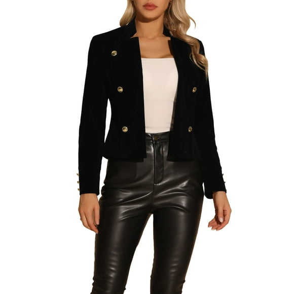 INSPIRE CHIC Women's Vintage Stand Collar Open Front Button Decor Velvet Jacket M Black