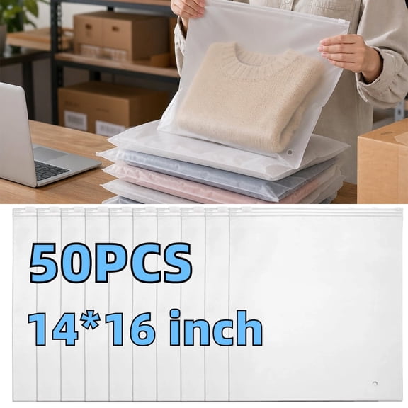 Frosted Zipper Clothing Bags - 14x16 Inch 50pcs Reusable Plastic Packaging Poly Bags for Small Business Shipping, Travel Storage, Dust-Free Protection for Swimsuit, Hoodies, Dresses, Jackets & Coats