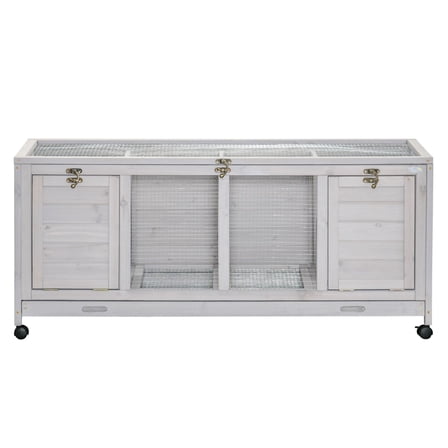 SAZYY Wooden Rabbit Hutch with Wheels & Dividers - Indoor Bunny Cage for Rabbits, Guinea Pigs, Small Animals, Light Gray