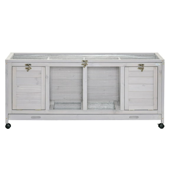 SAZYY Wooden Rabbit Hutch with Wheels & Dividers - Indoor Bunny Cage for Rabbits, Guinea Pigs, Small Animals, Light Gray