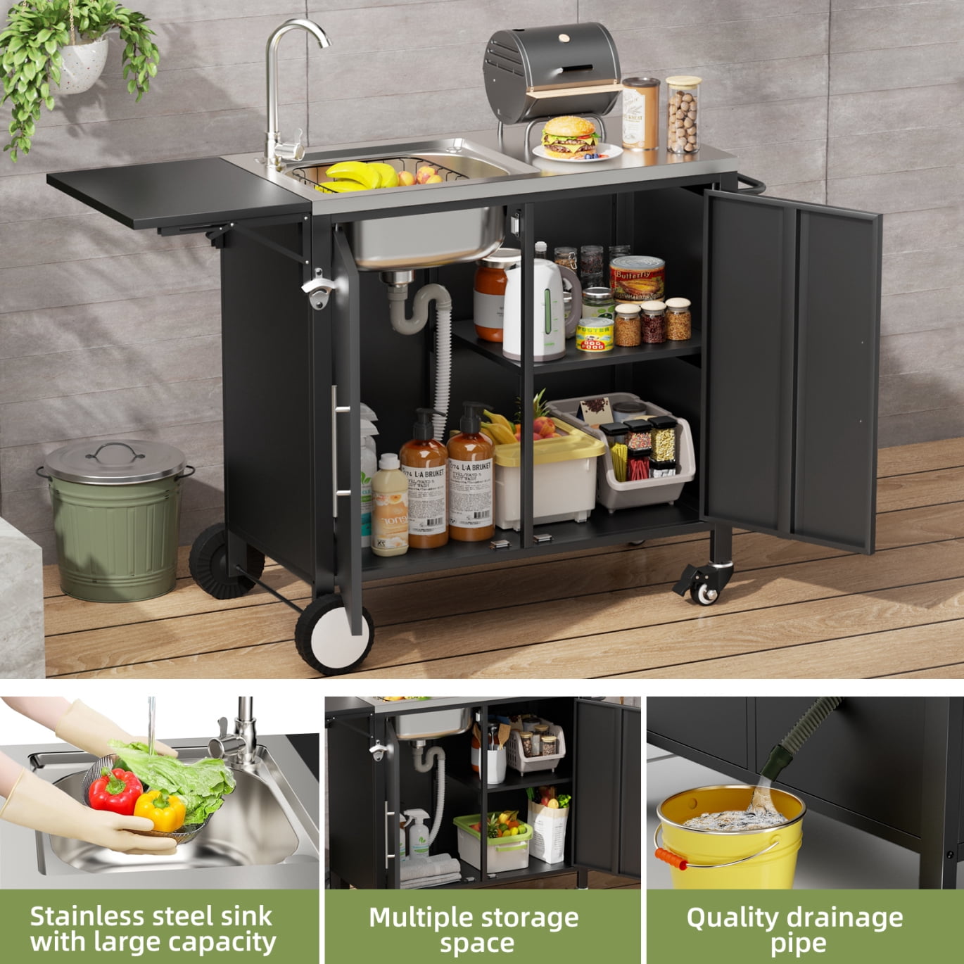 Outdoor Grill Cart with Sink, Rolling Kitchen Island Cabinet with Wheels, Metal Grill Table Kitchen Sink Station with Foldable Top and Storage Cabinet, Black