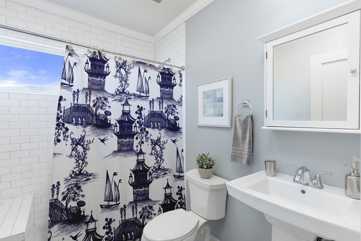 Simply Daisy 70" W x 73" L China Old Polyester Shower Curtain, Navy [1 Ct]