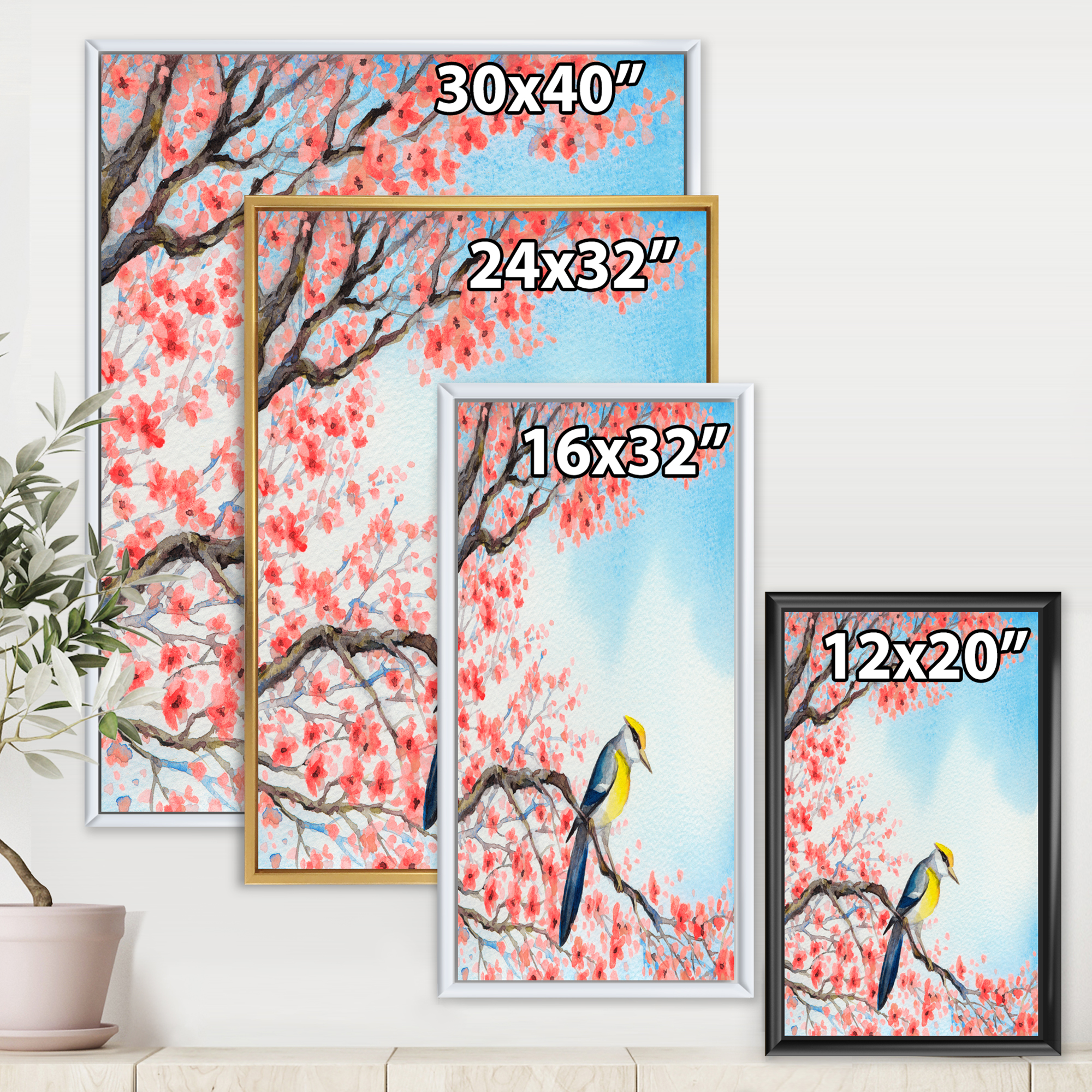 Designart 'Beautiful Red Bird Sitting On Flowering Branch I' Traditional Framed Canvas Wall Art Print