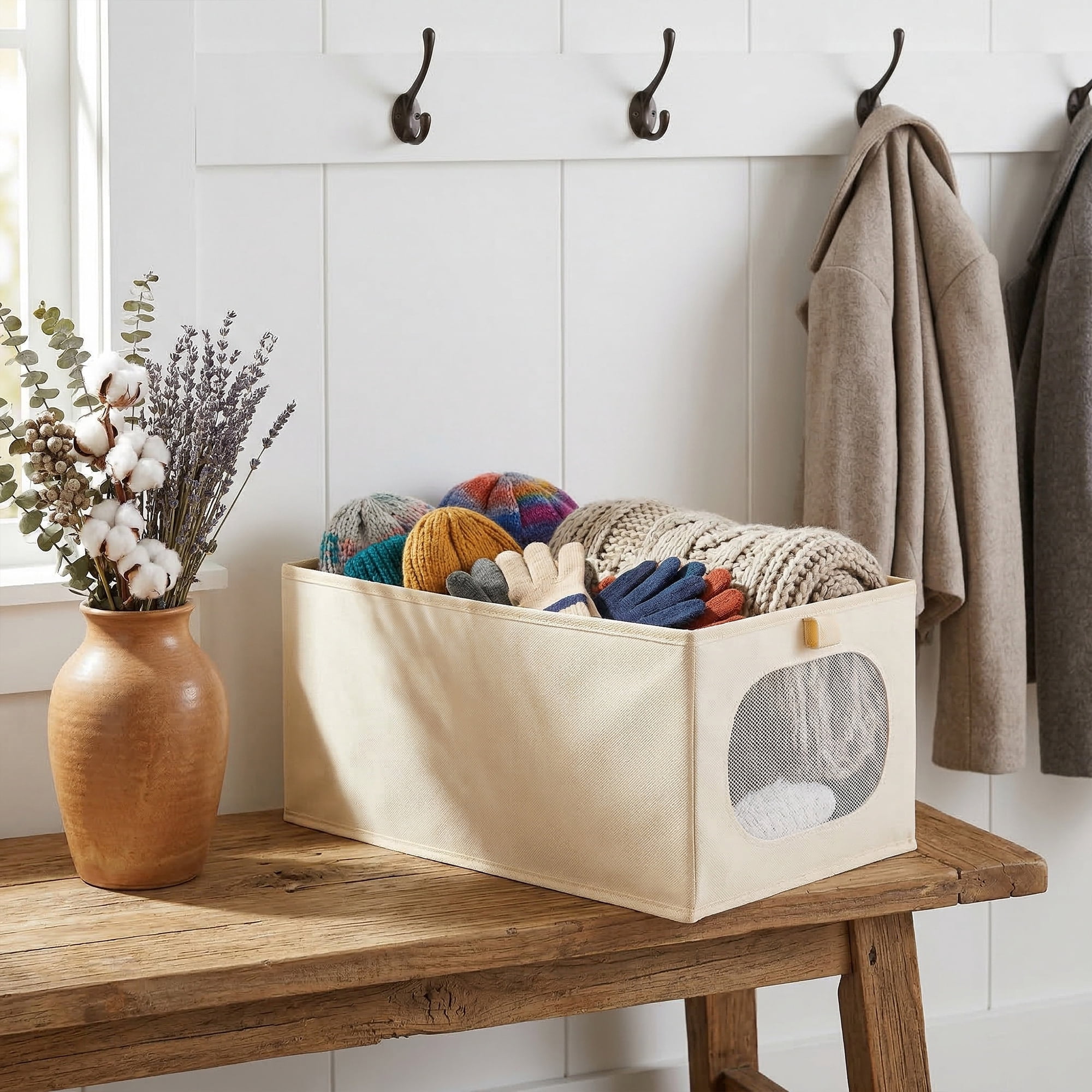 Unique Bargains Fabric Storage Bin With Bottom Beige 17.3*9.8*7.9in