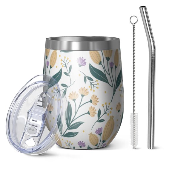 Floral 12oz Stainless Steel Insulated Wine Tumbler with Lid and Straw – Double Wall Vacuum Mug for Hot & Cold Drinks, 304 Steel Interior, Sweat-Free Design,Thanksgiving,Christmas, Spring,Flower