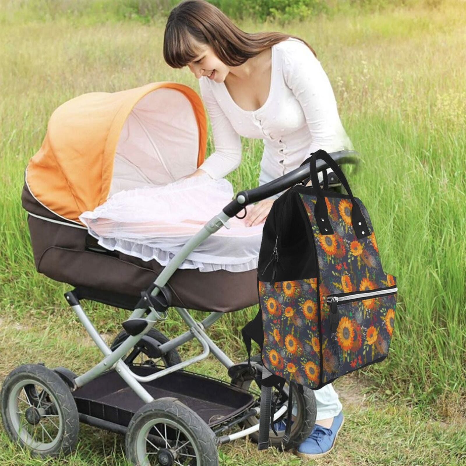 Fuzoiu Sunflowers Print Diaper Bag Backpack,Baby Essentials Travel Tote,Multi function Waterproof Diaper Bag, Travel Essentials Baby Bag - Unisex